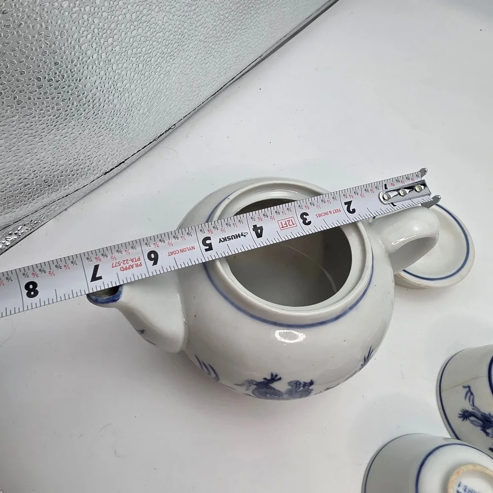 Pier 1 Imports Blue White Dragon Porcelain Tea Set Teapot 4 Cups Made in China